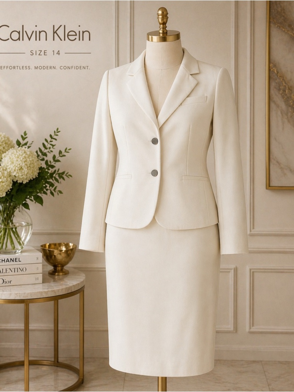 Calvin Klein Women's Cream Two-Button Tailored Blazer and Pencil Skirt